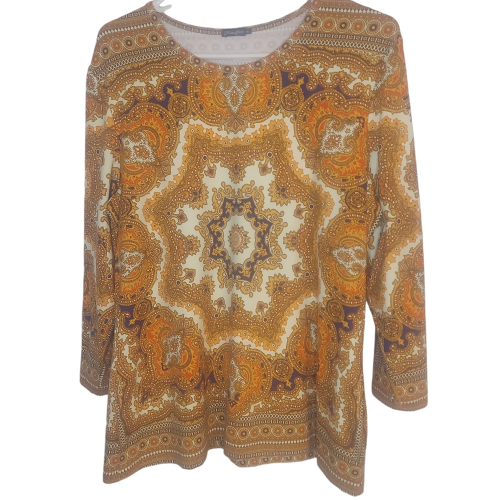 J. McLaughlin Gold & Cream Paisley Long-Sleeve Scoop Neck Top